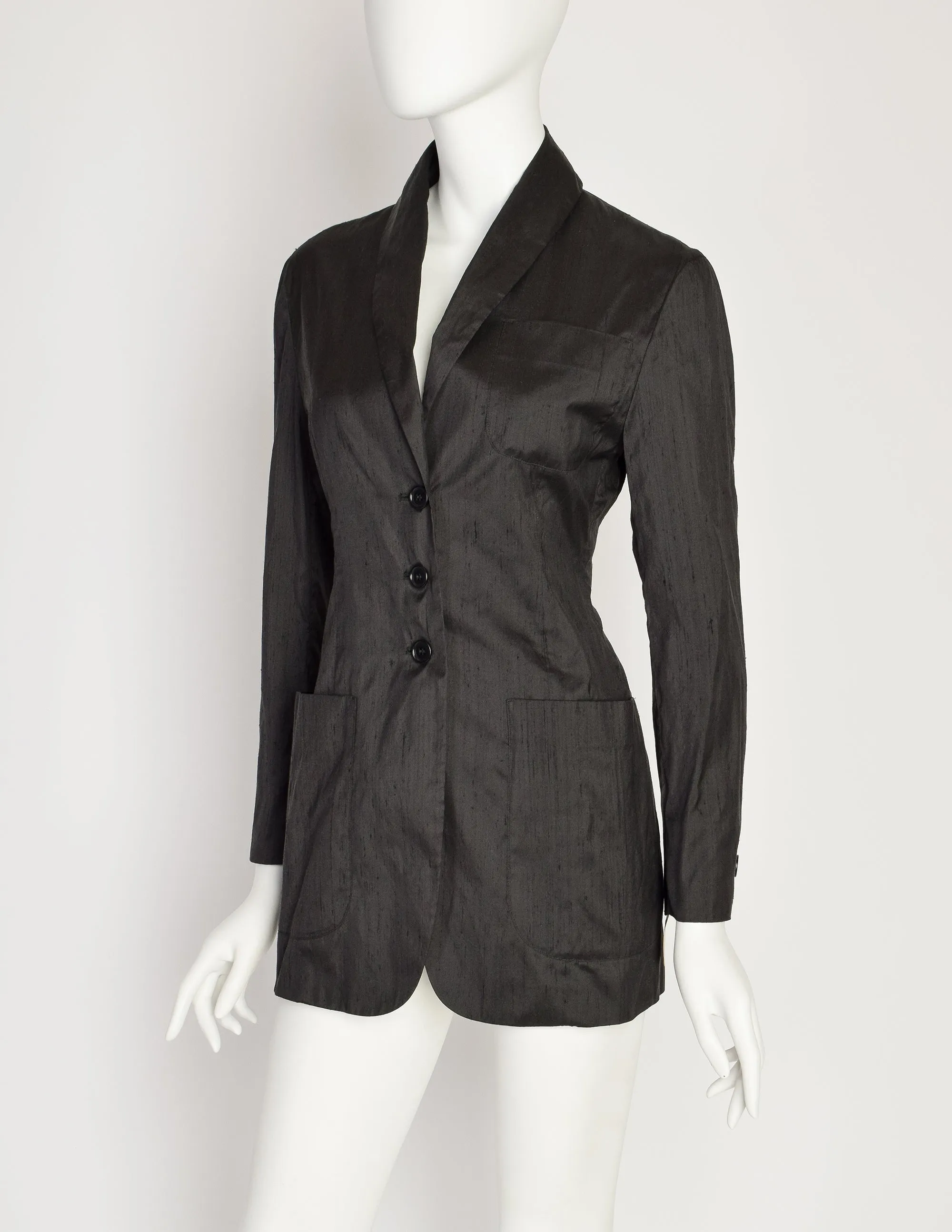 Romeo Gigli Vintage 1996 Black Raw Silk Cut Out Back Blazer Jacket