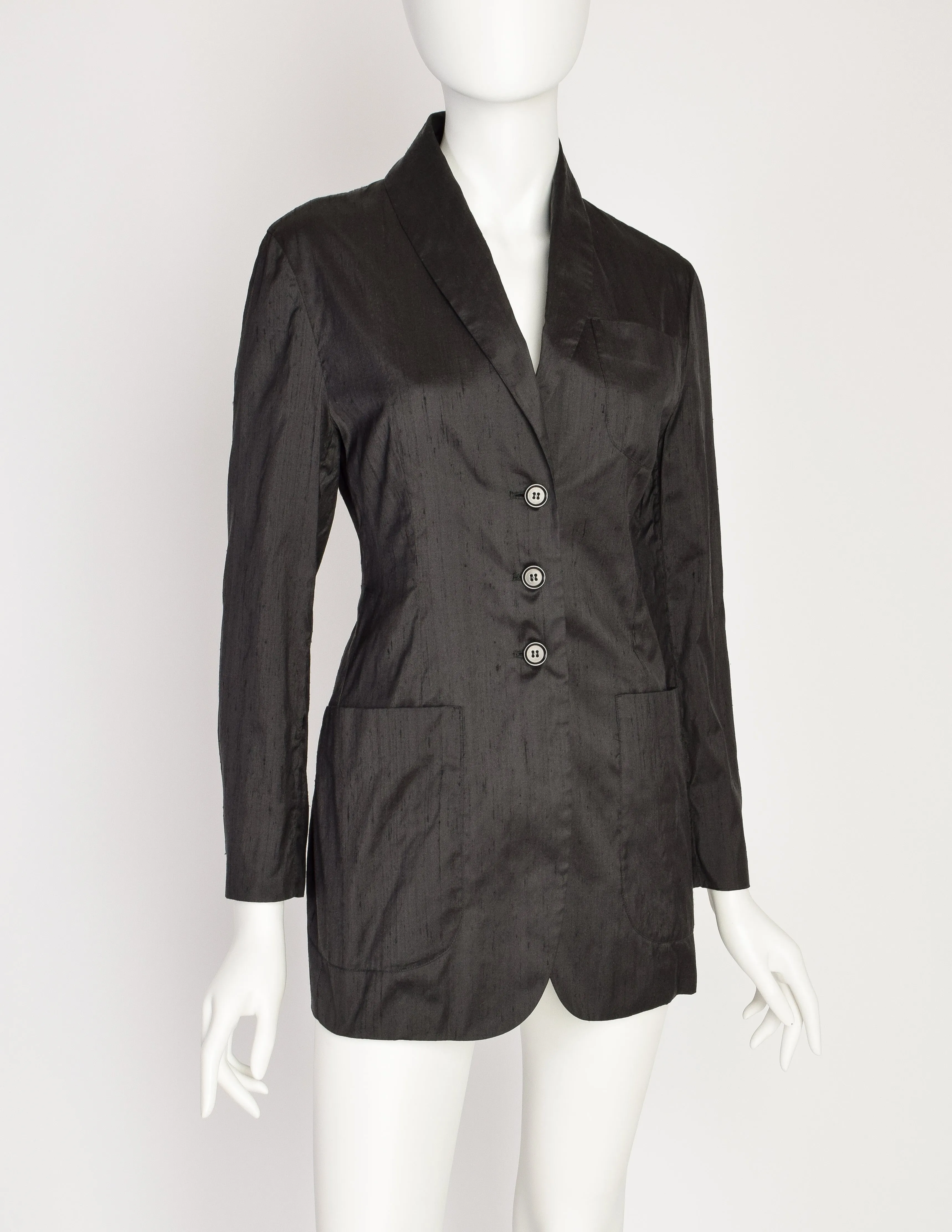 Romeo Gigli Vintage 1996 Black Raw Silk Cut Out Back Blazer Jacket