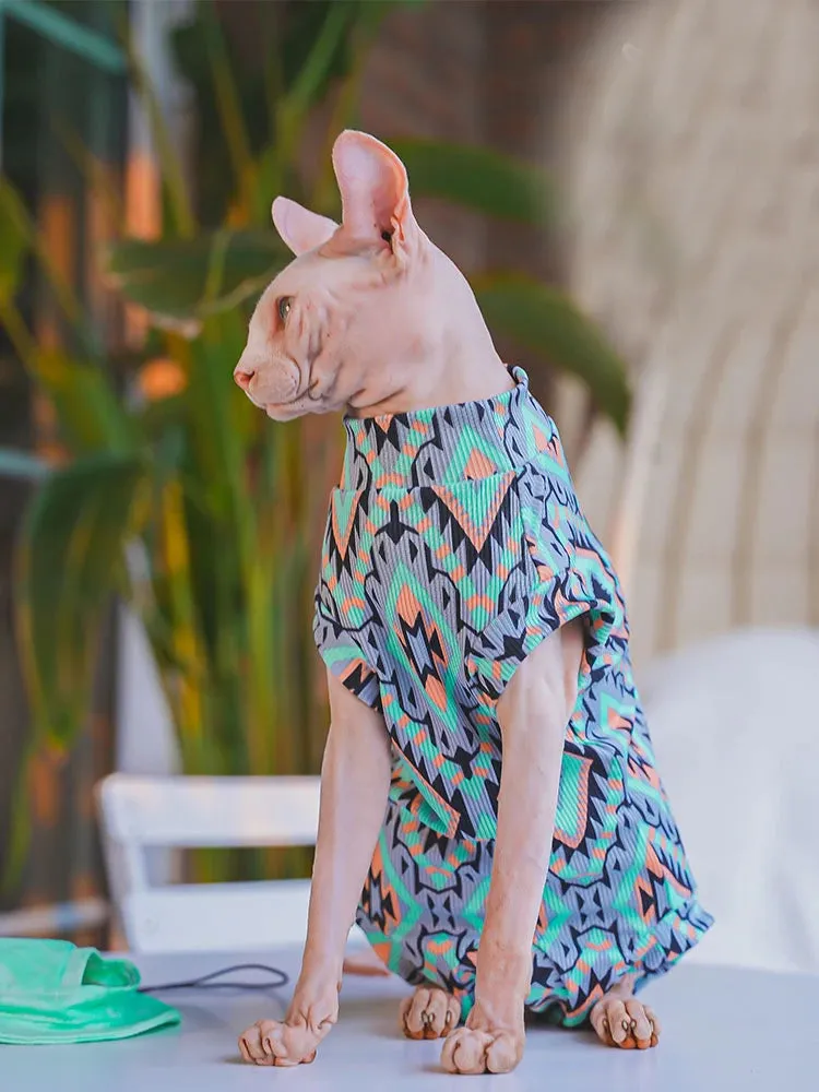 Sphynx Cat Clothes Bohemian Undershirt | Long Sleeves for Pets | Soft Cotton Coat for Kittens and Dogs | 4-Legged Jumpsuit for Devon Rex