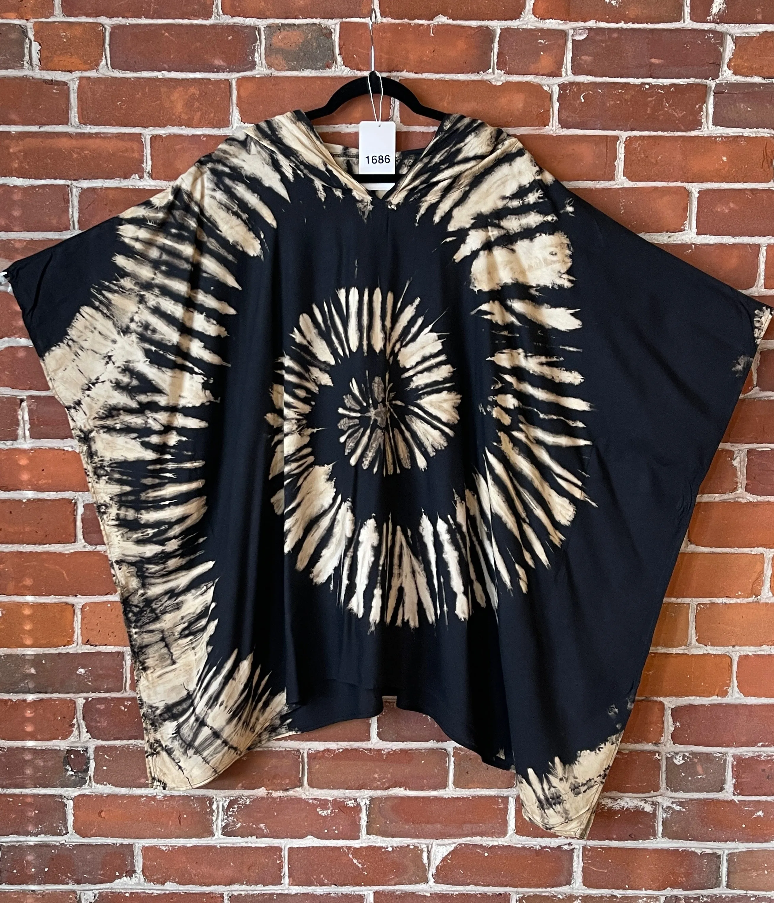 Spiral Black Beige Tie Dye Poncho Hoodie