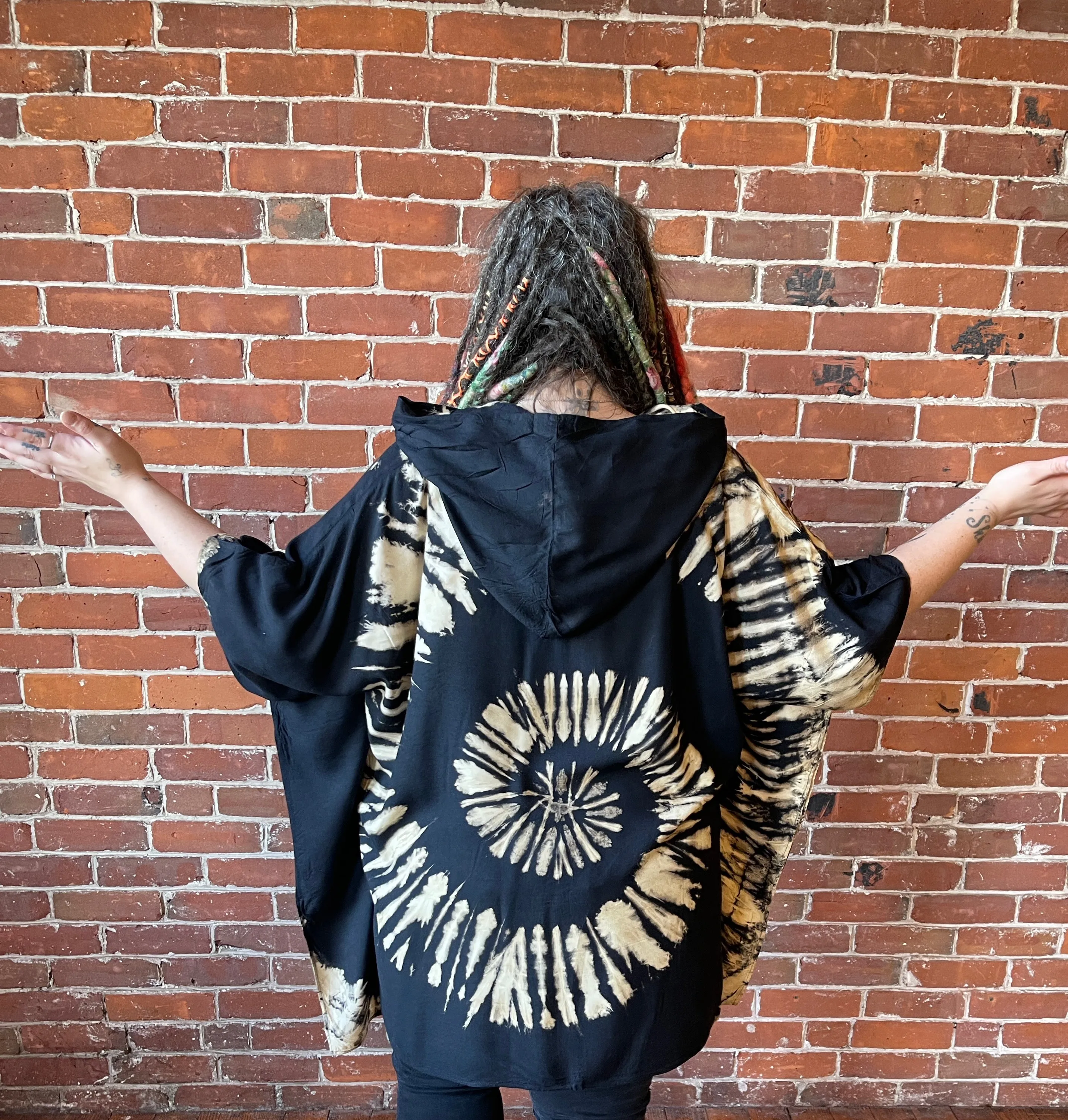 Spiral Black Beige Tie Dye Poncho Hoodie