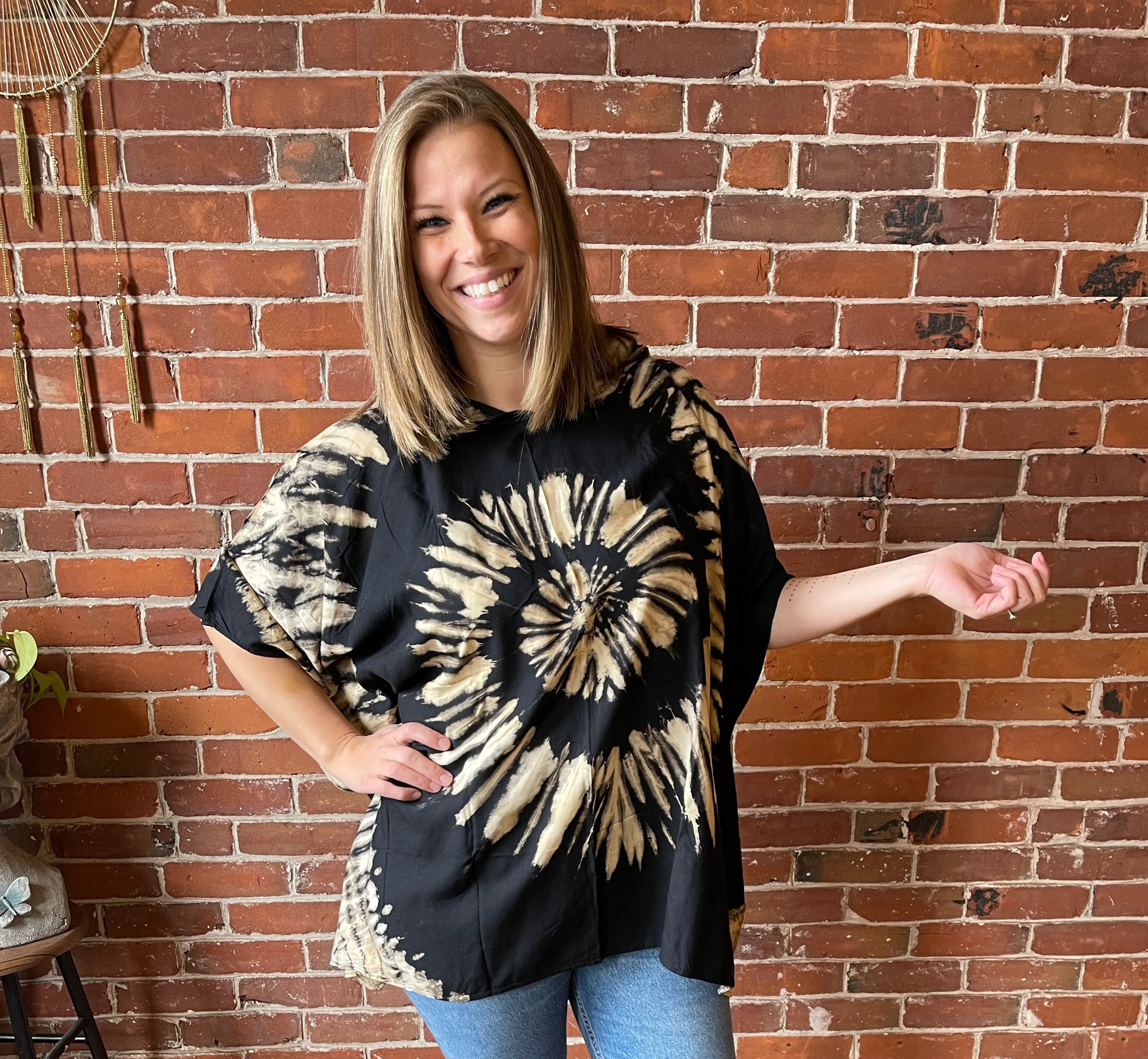 Spiral Black Beige Tie Dye Poncho Hoodie