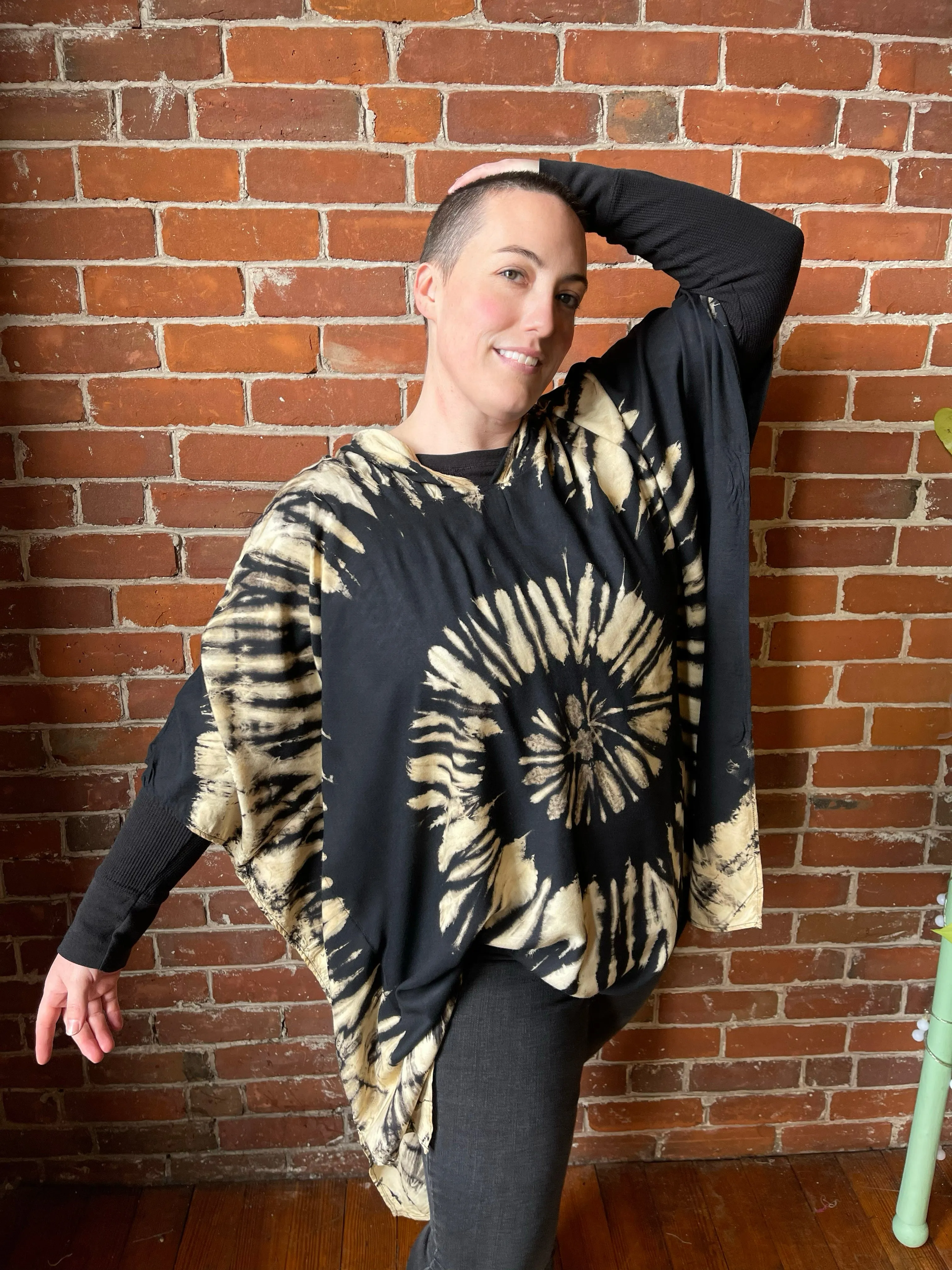 Spiral Black Beige Tie Dye Poncho Hoodie