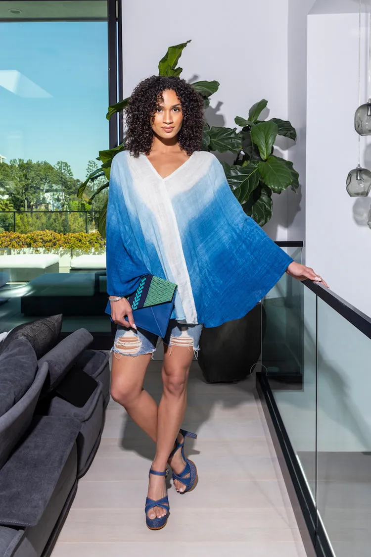 The Artisanal Silk Poncho in Blue Ombre