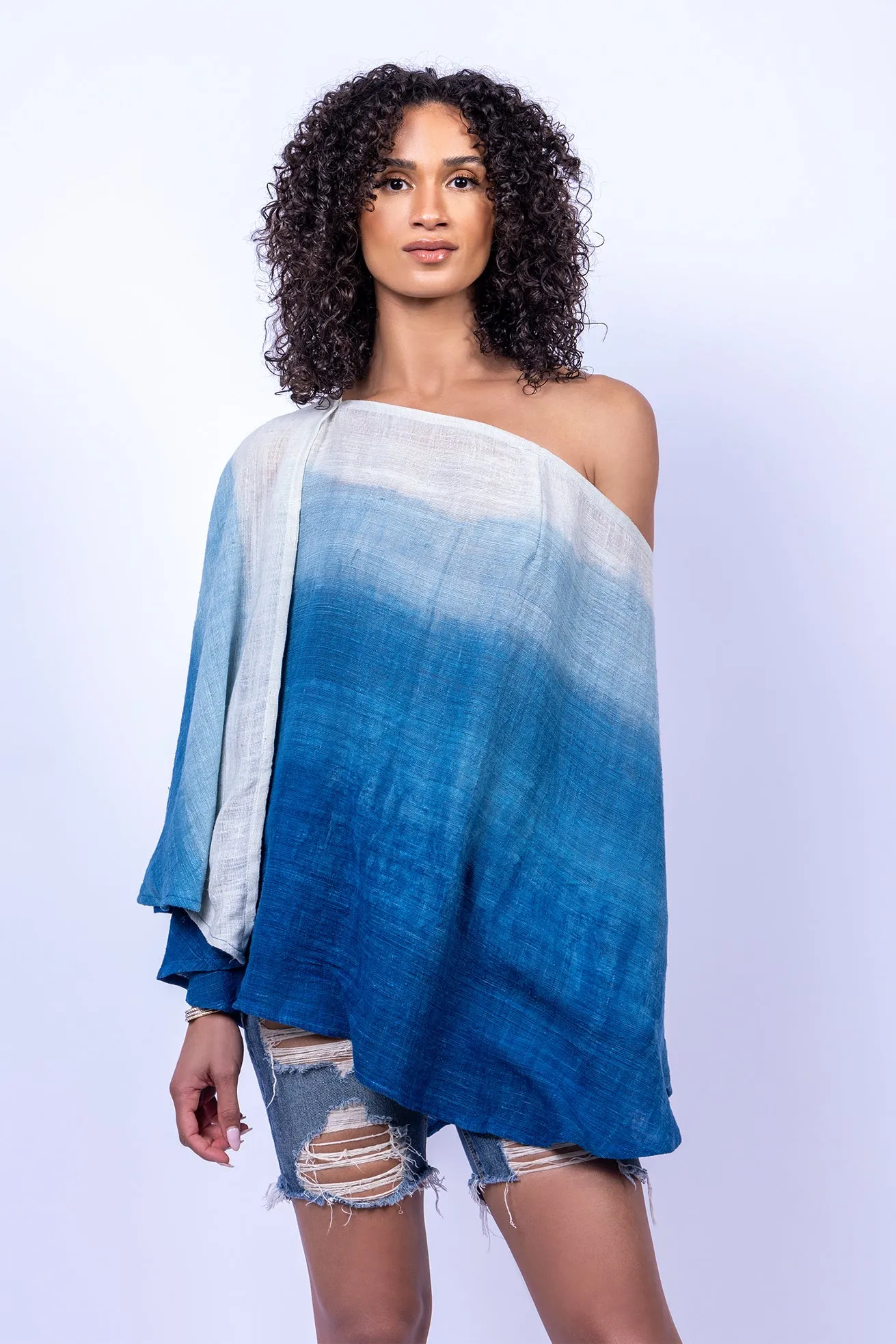 The Artisanal Silk Poncho in Blue Ombre