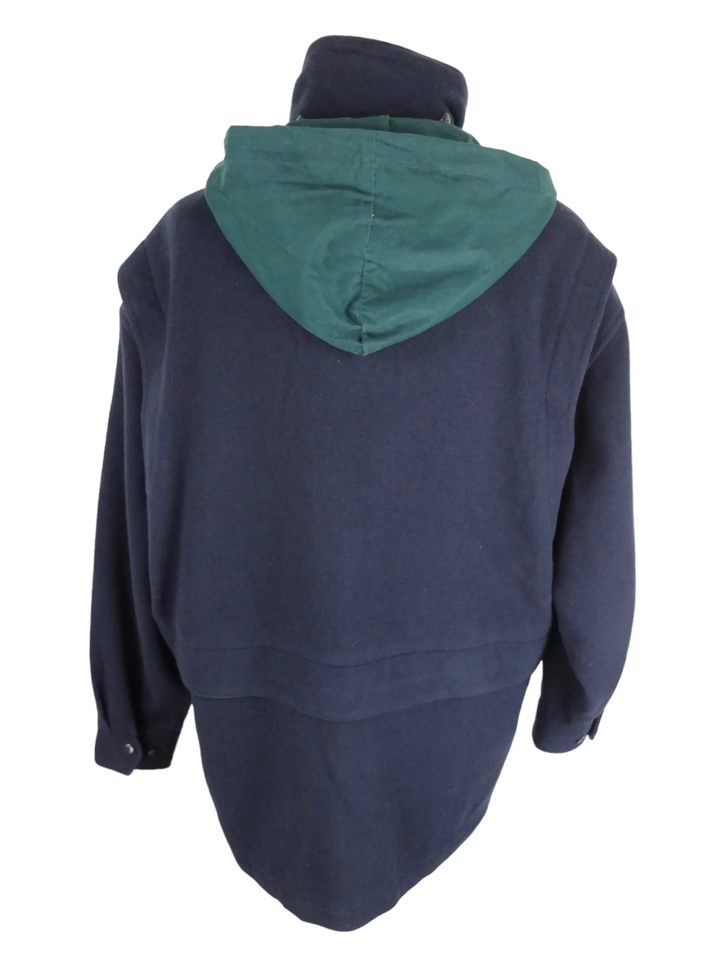Vintage 90s Men’s Wool Utilitarian Bohemian Basic Solid Dark Navy Blue & Green Hooded Mac Jacket Coat | Men’s Size XL-XXL