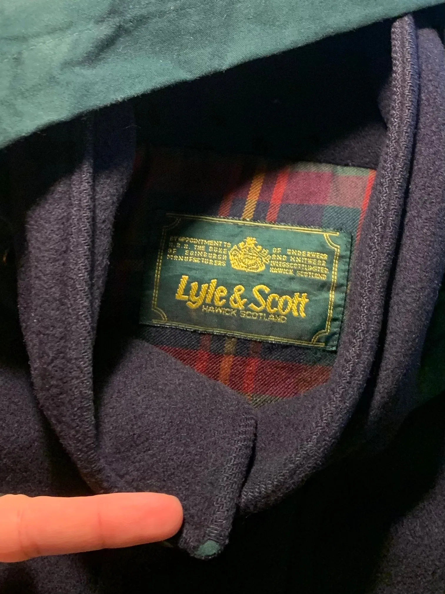 Vintage 90s Men’s Wool Utilitarian Bohemian Basic Solid Dark Navy Blue & Green Hooded Mac Jacket Coat | Men’s Size XL-XXL