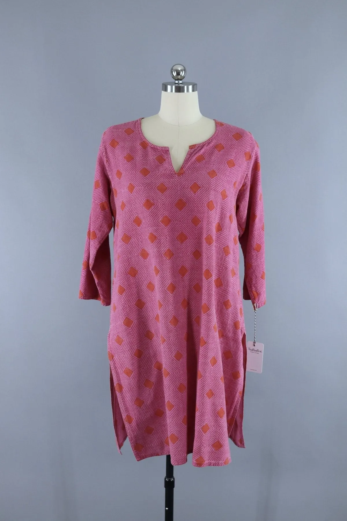 Vintage Cotton Caftan Dress / Pink & Orange Geometric Print