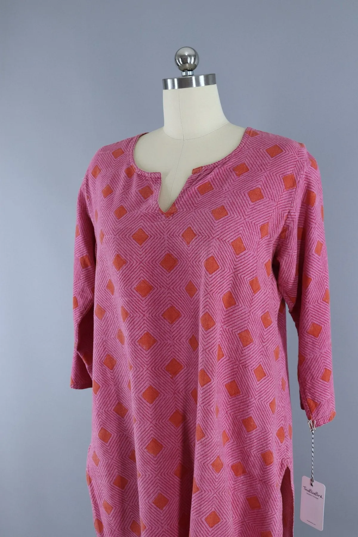 Vintage Cotton Caftan Dress / Pink & Orange Geometric Print