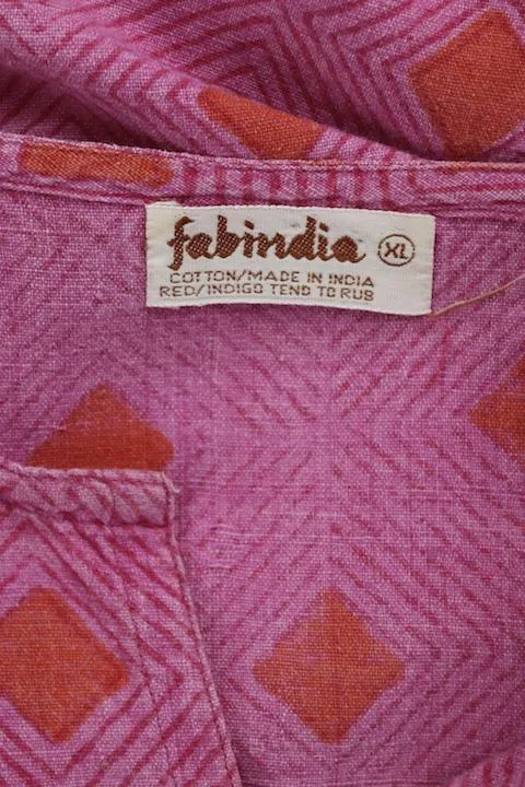 Vintage Cotton Caftan Dress / Pink & Orange Geometric Print