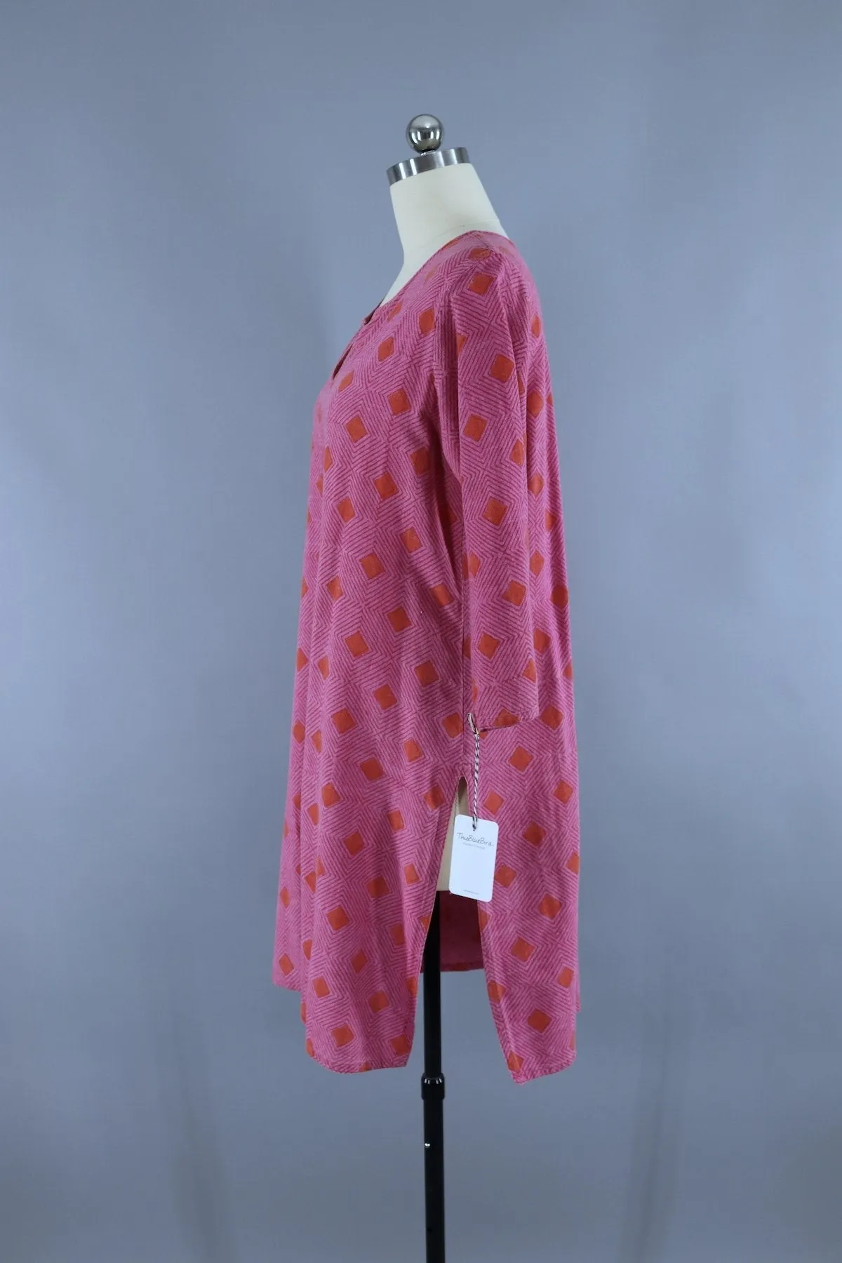 Vintage Cotton Caftan Dress / Pink & Orange Geometric Print