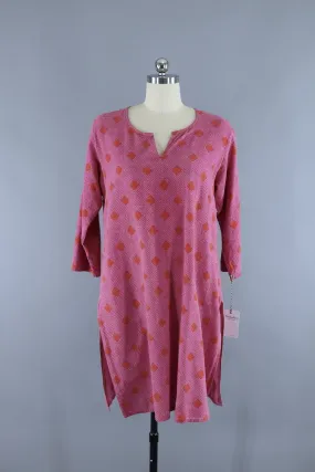 Vintage Cotton Caftan Dress / Pink & Orange Geometric Print