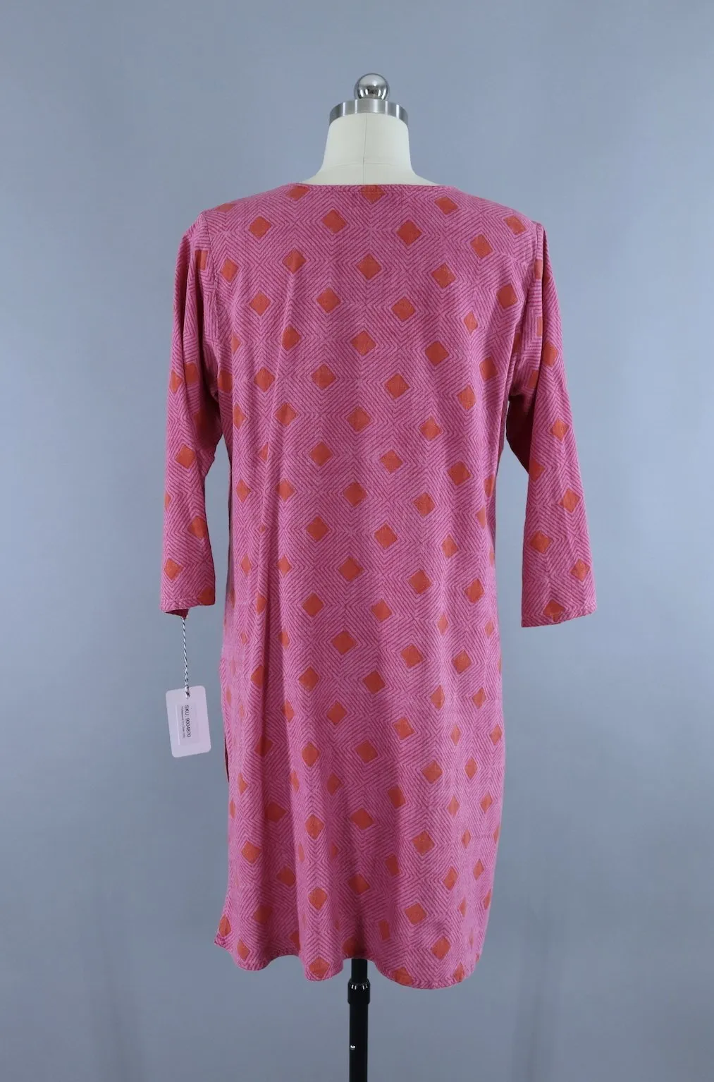 Vintage Cotton Caftan Dress / Pink & Orange Geometric Print