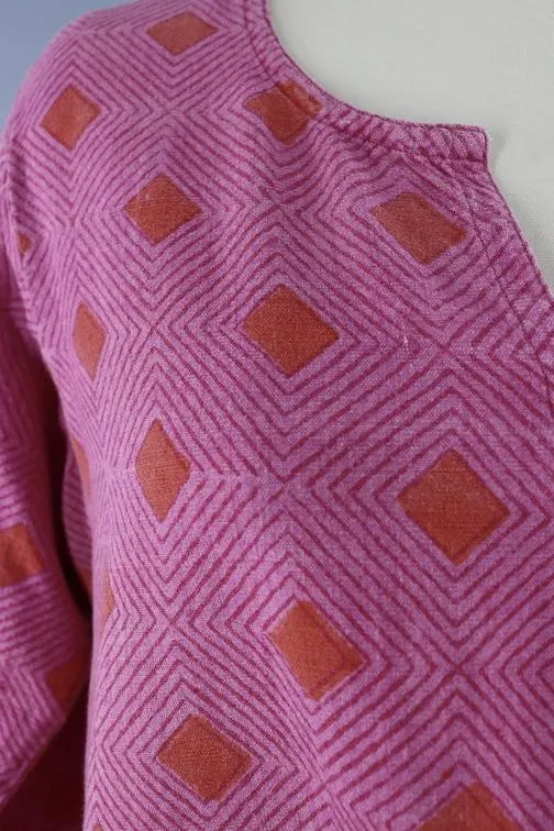 Vintage Cotton Caftan Dress / Pink & Orange Geometric Print