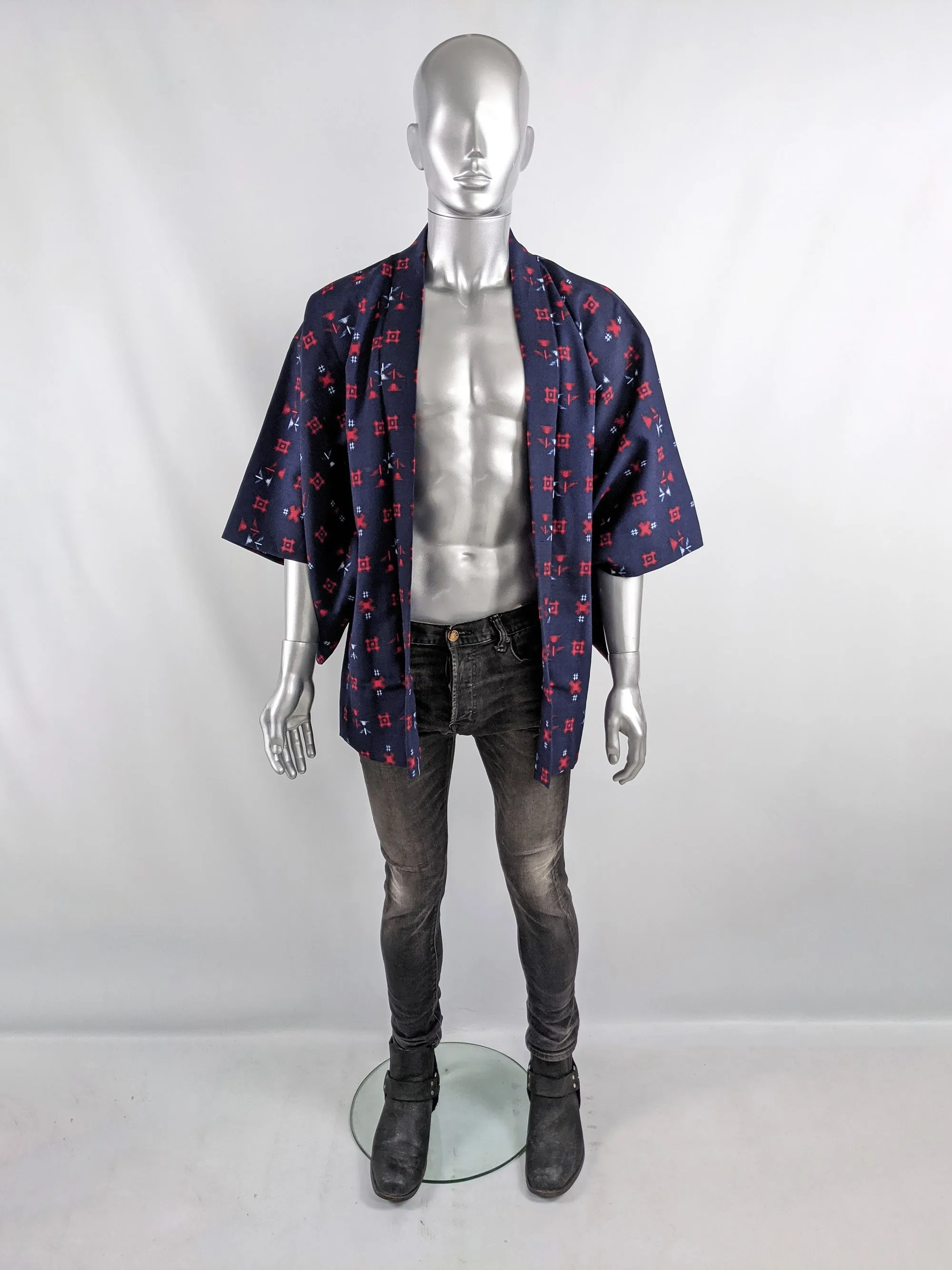 Vintage Mens Blue & Red Kimono Haori Jacket, 1970s