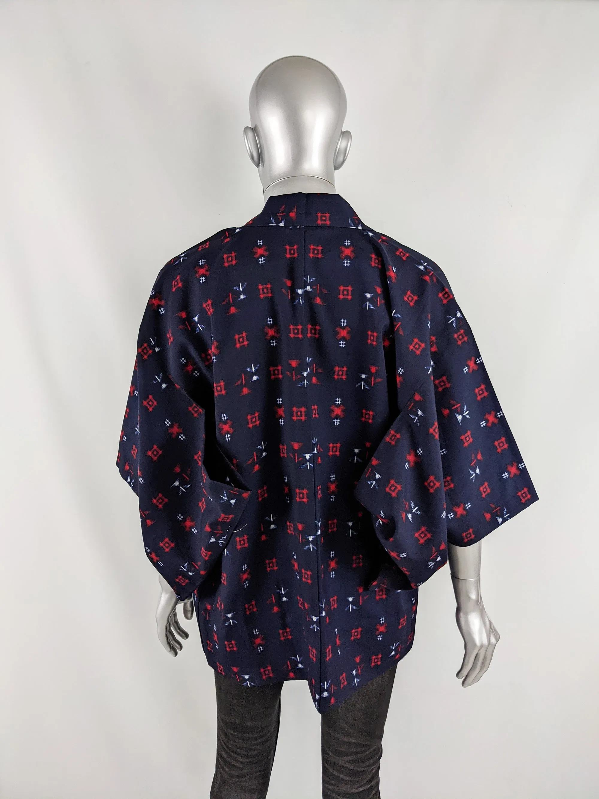 Vintage Mens Blue & Red Kimono Haori Jacket, 1970s