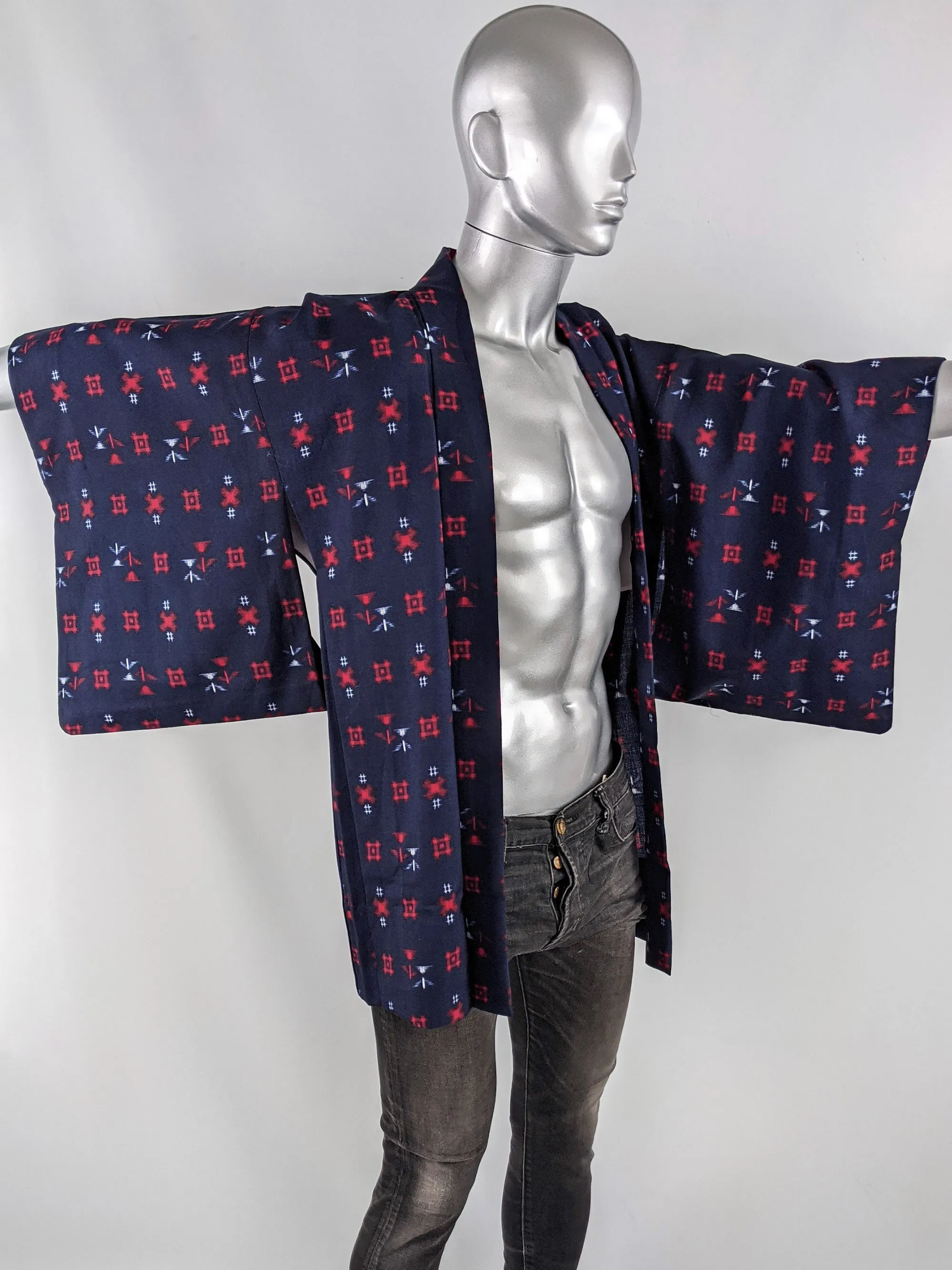 Vintage Mens Blue & Red Kimono Haori Jacket, 1970s