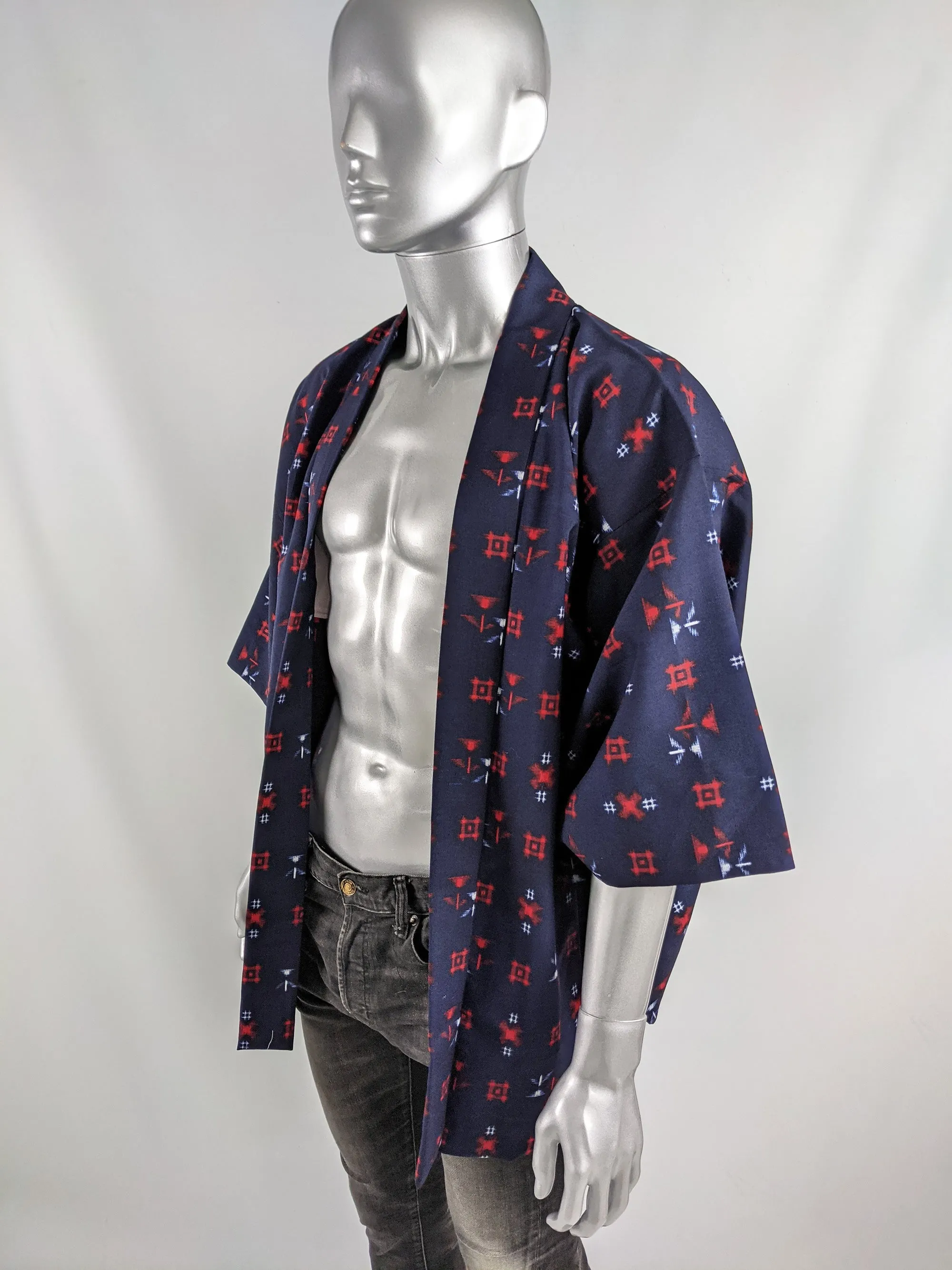 Vintage Mens Blue & Red Kimono Haori Jacket, 1970s
