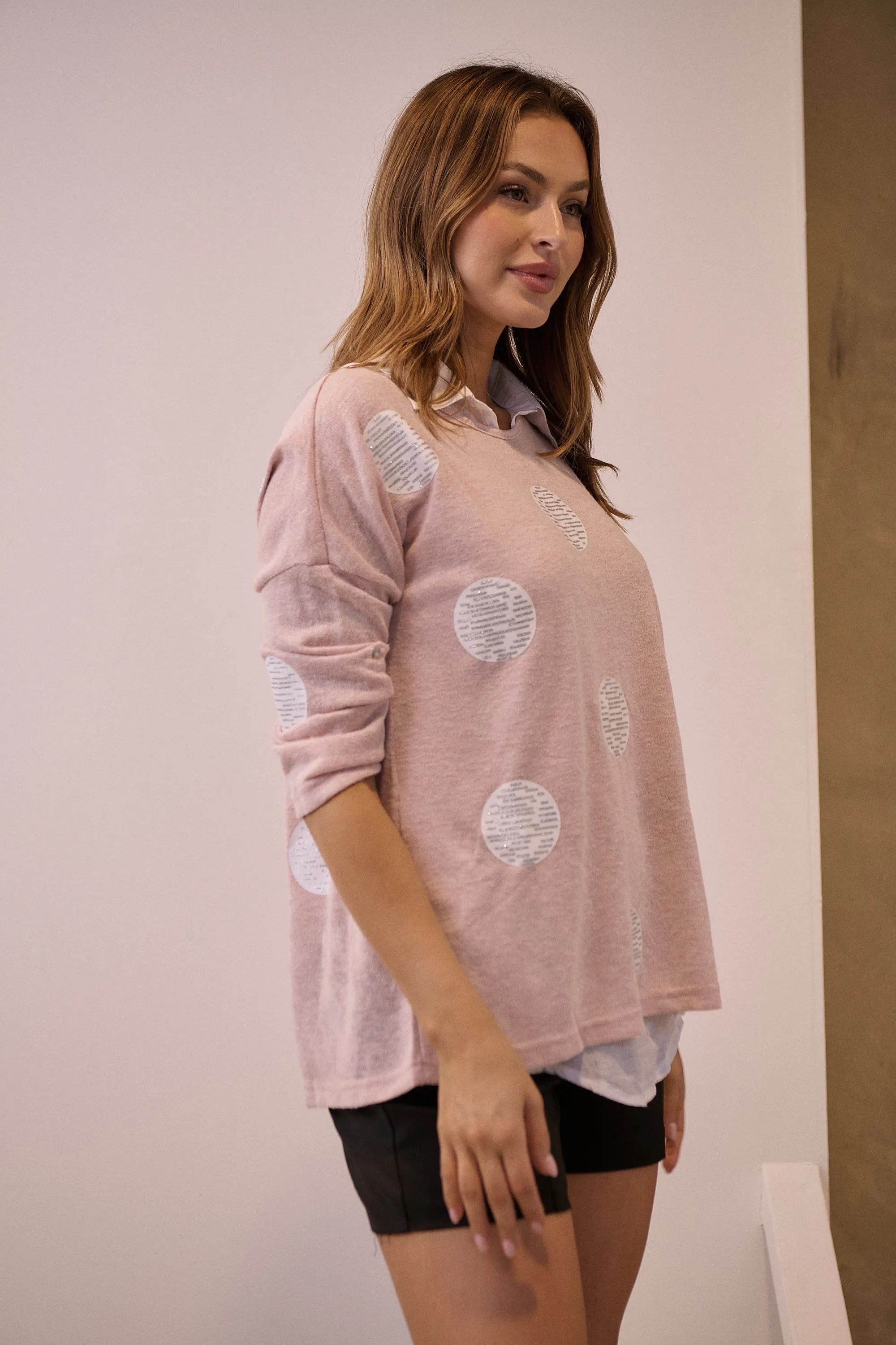 Willa 3/4 Polka Dot Pink Collared Layered Top