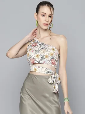 Women Off White Floral Shoulder Crop Top