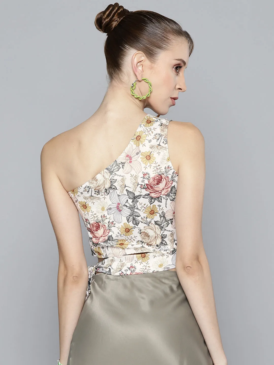 Women Off White Floral Shoulder Crop Top