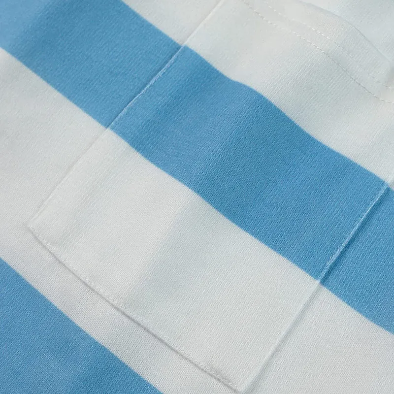 Women V-Neck Striped Print Short Sleeve Dress with Belts Pockets