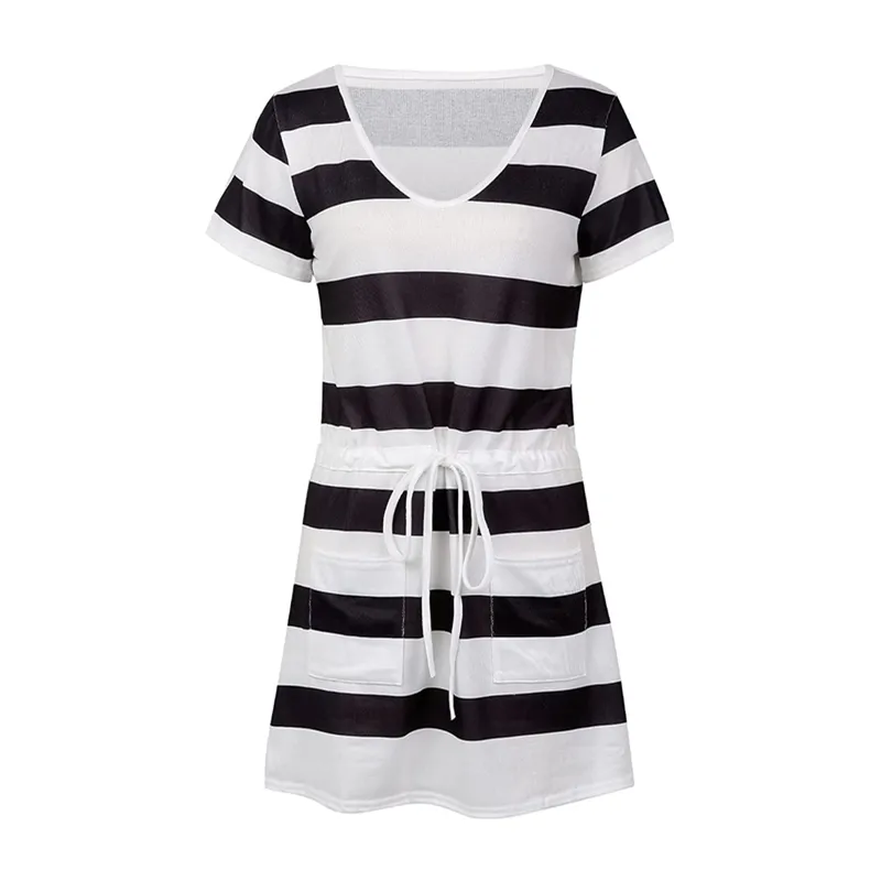 Women V-Neck Striped Print Short Sleeve Dress with Belts Pockets
