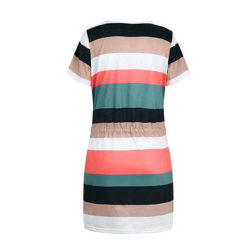 Women V-Neck Striped Print Short Sleeve Dress with Belts Pockets