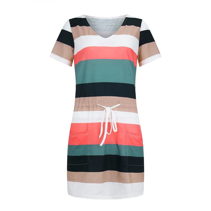 Women V-Neck Striped Print Short Sleeve Dress with Belts Pockets