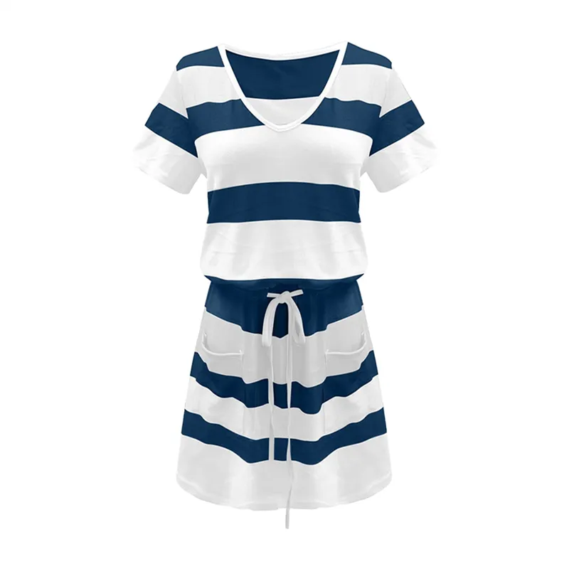Women V-Neck Striped Print Short Sleeve Dress with Belts Pockets