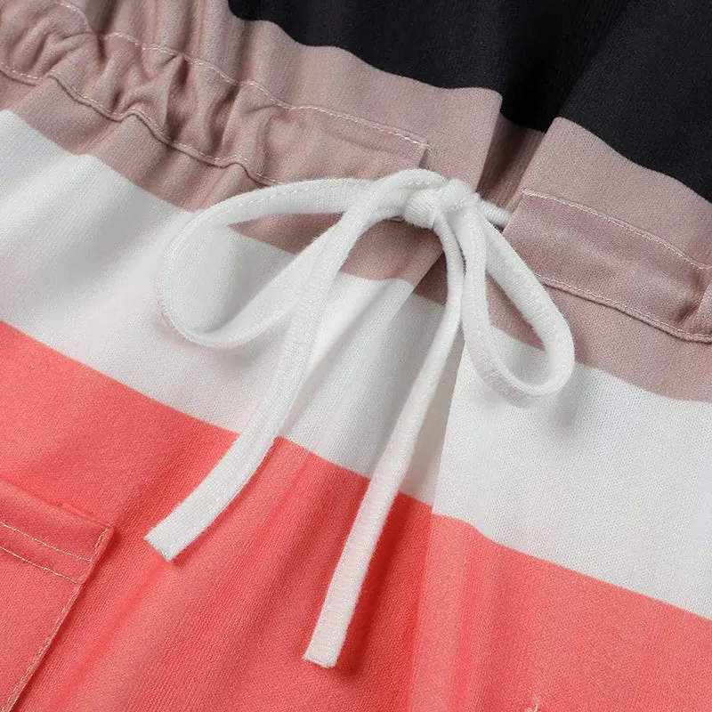 Women V-Neck Striped Print Short Sleeve Dress with Belts Pockets