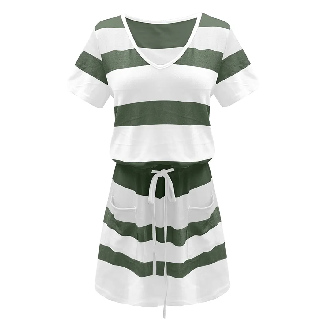 Women V-Neck Striped Print Short Sleeve Dress with Belts Pockets