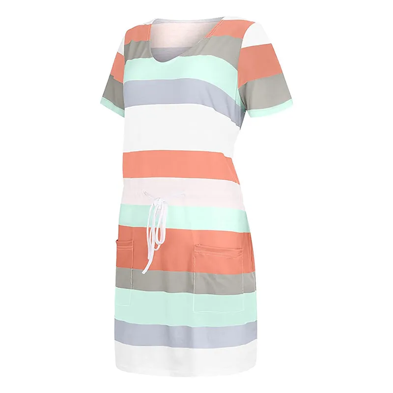 Women V-Neck Striped Print Short Sleeve Dress with Belts Pockets