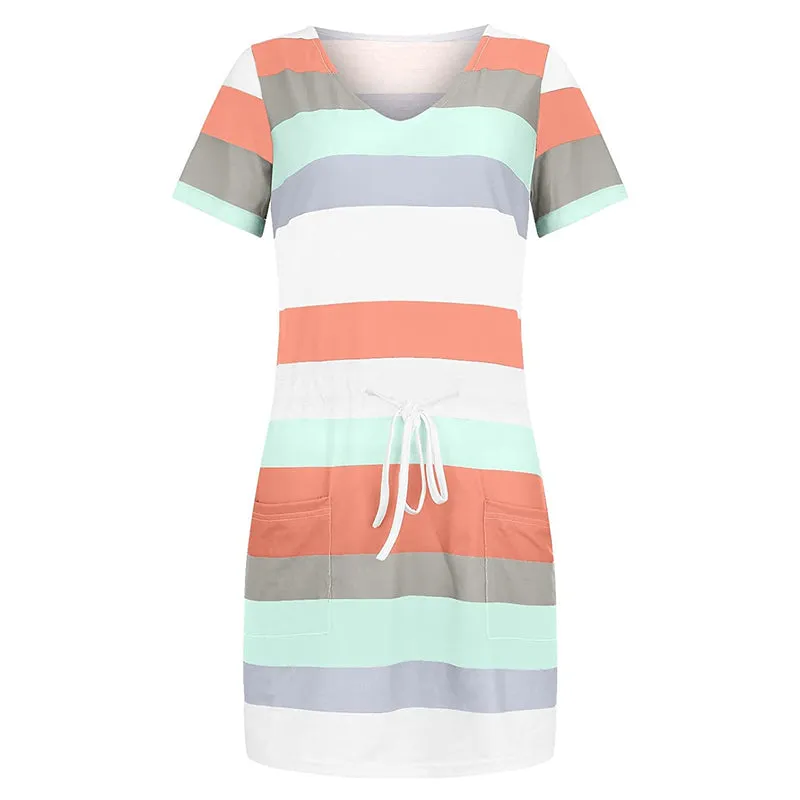 Women V-Neck Striped Print Short Sleeve Dress with Belts Pockets