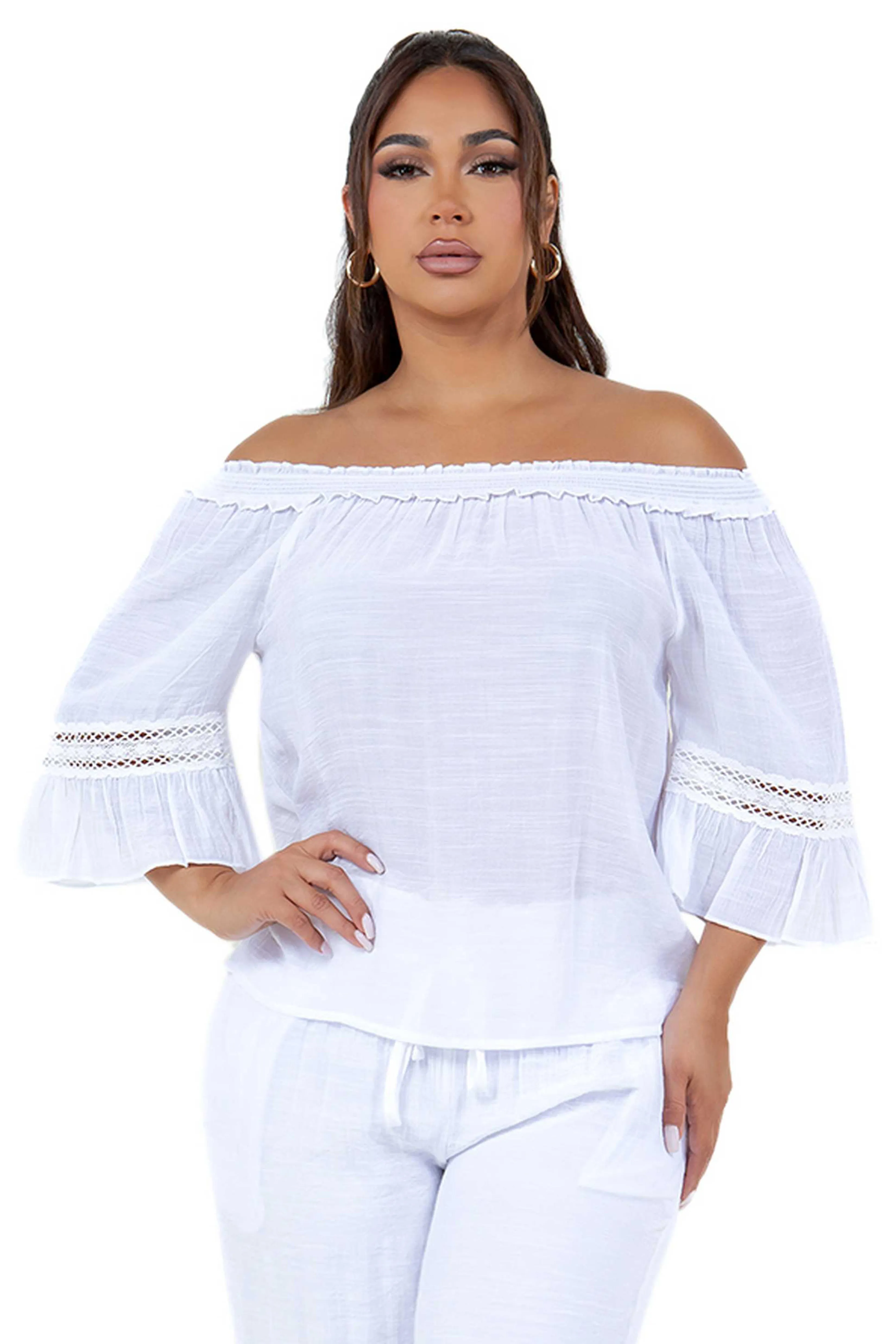 Women's Casual Off-Shoulder Crochet Trimmed Ruffled 3/4 Sleeve Tunic Top
