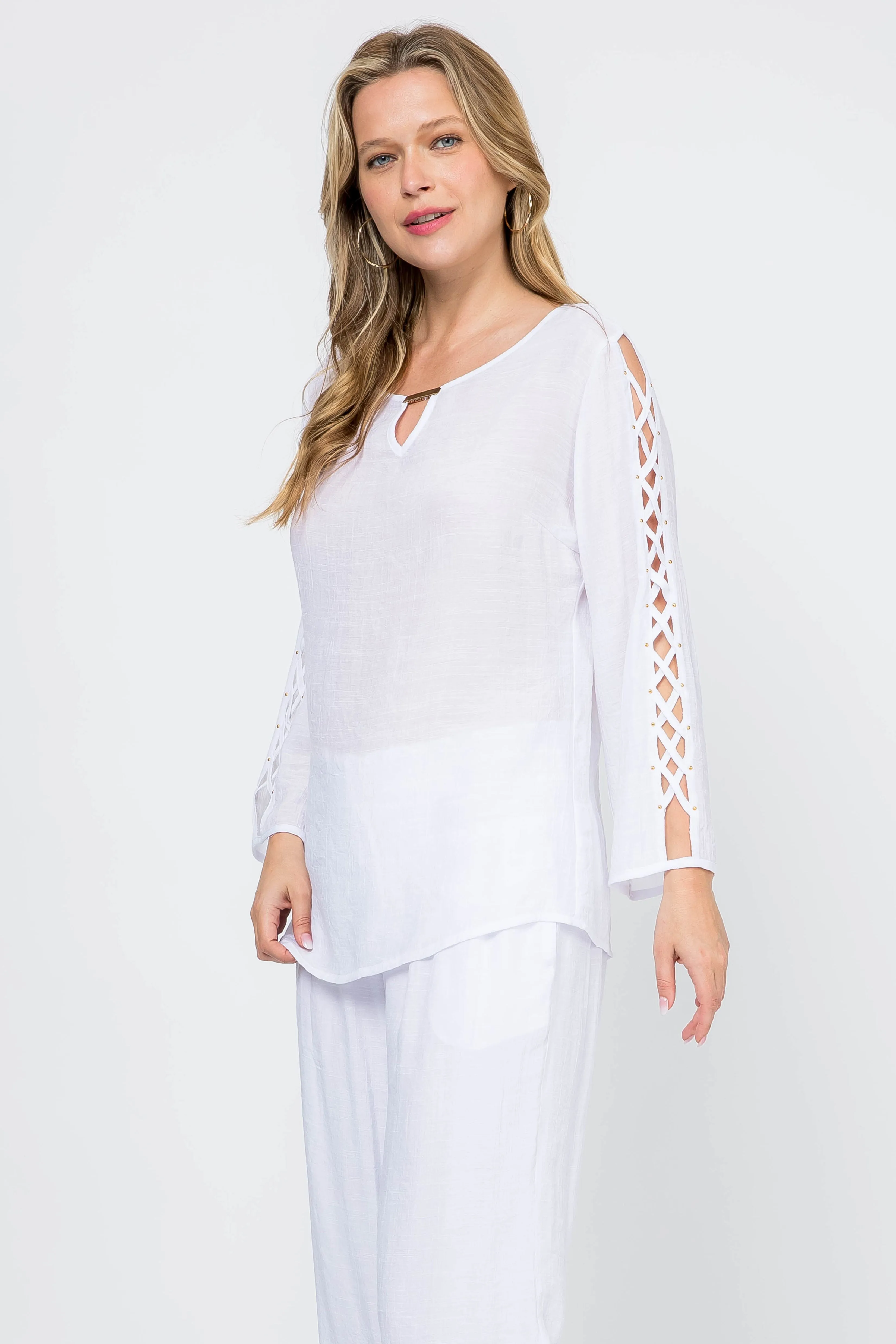 Women's Casual Scoop Neck Caged Trimmed Slit Sleeve Tunic Top