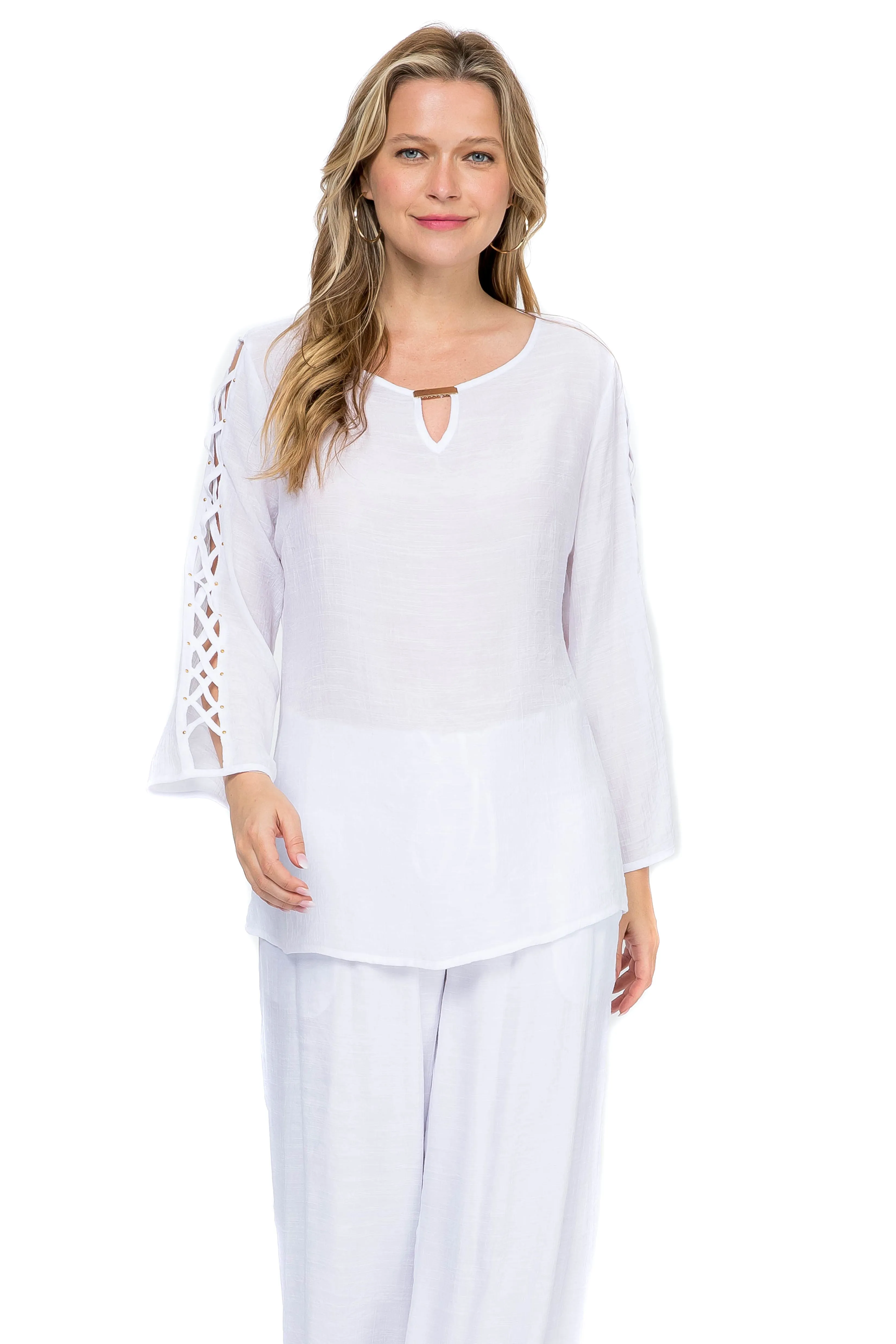 Women's Casual Scoop Neck Caged Trimmed Slit Sleeve Tunic Top