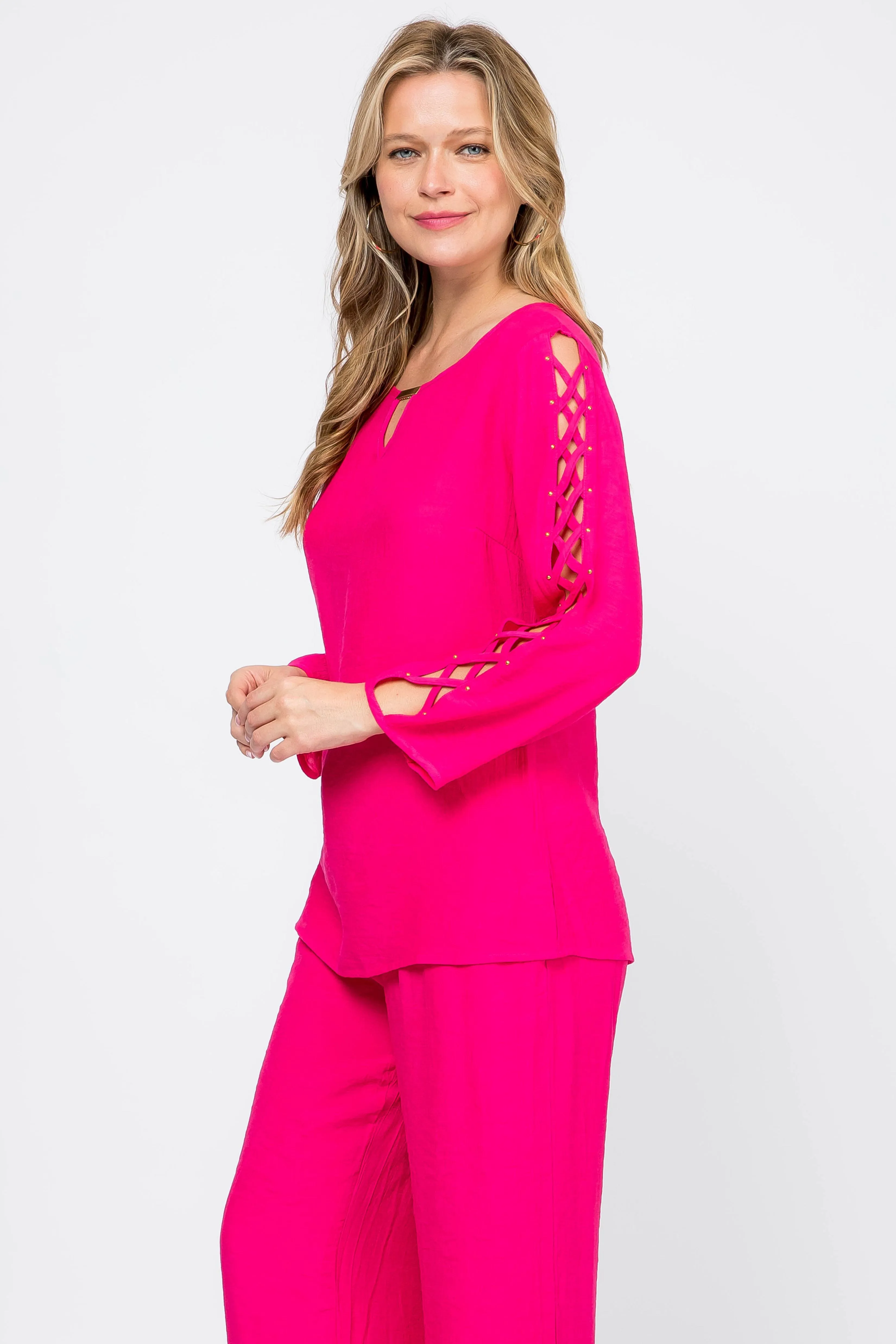 Women's Casual Scoop Neck Caged Trimmed Slit Sleeve Tunic Top