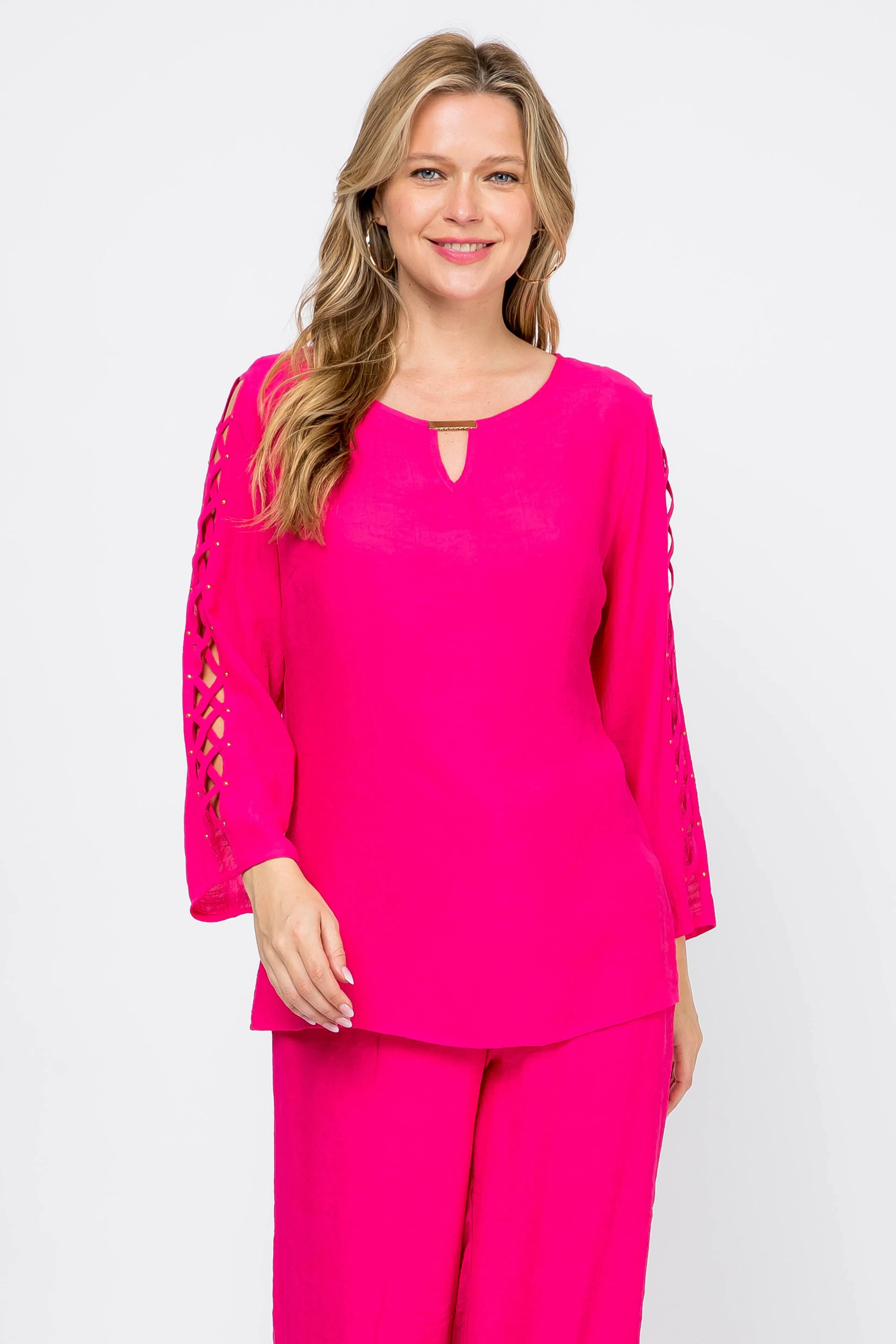Women's Casual Scoop Neck Caged Trimmed Slit Sleeve Tunic Top