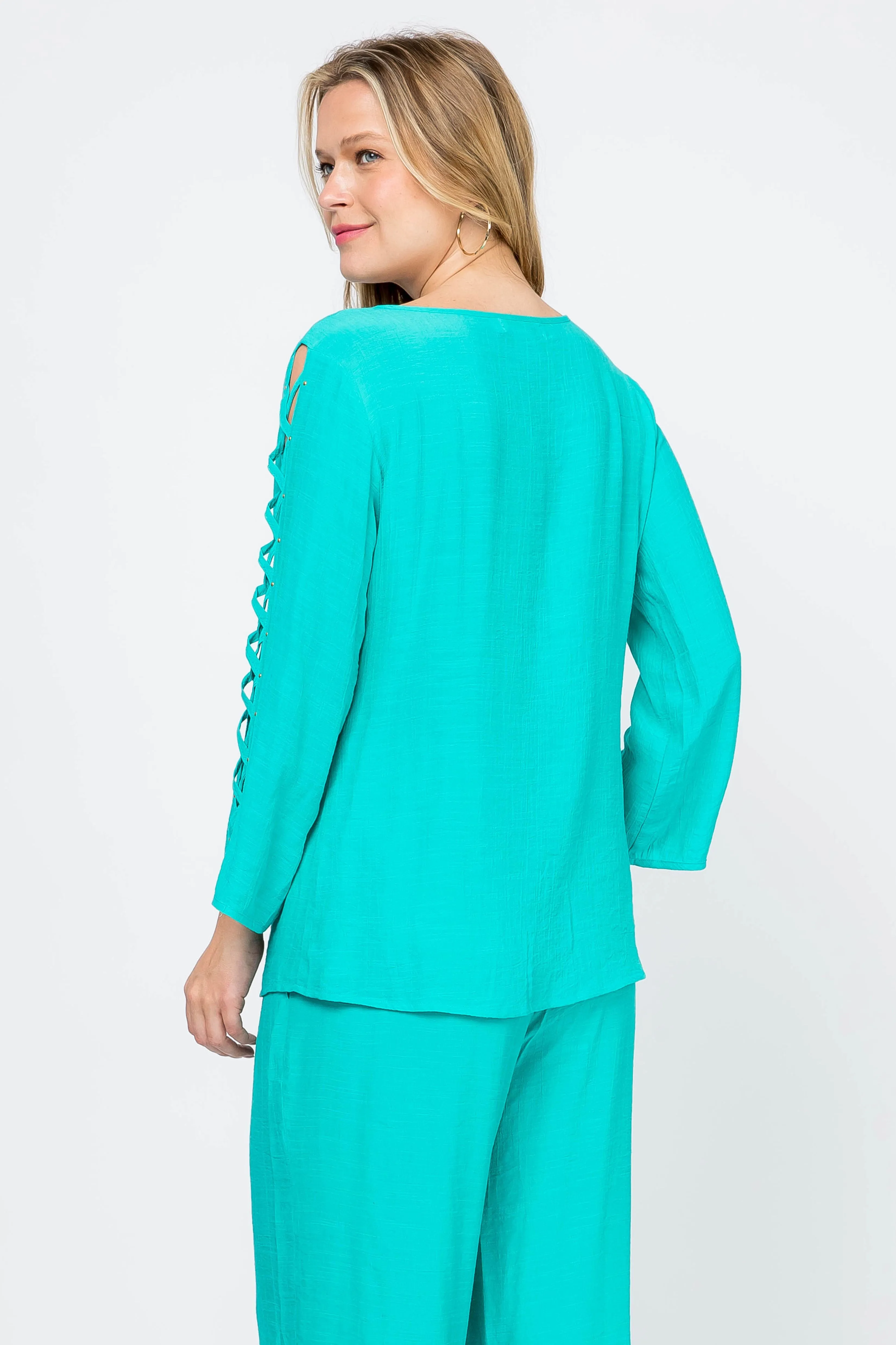 Women's Casual Scoop Neck Caged Trimmed Slit Sleeve Tunic Top