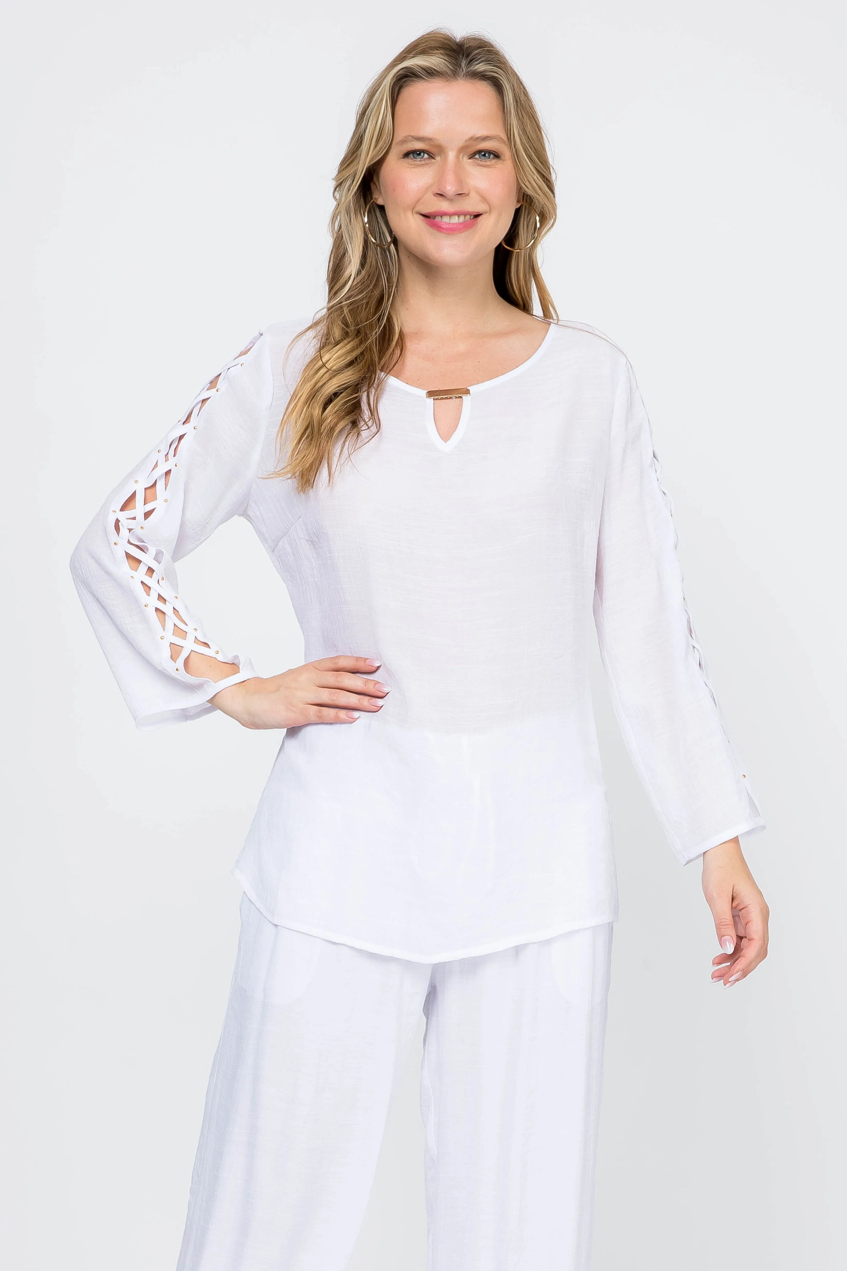 Women's Casual Scoop Neck Caged Trimmed Slit Sleeve Tunic Top
