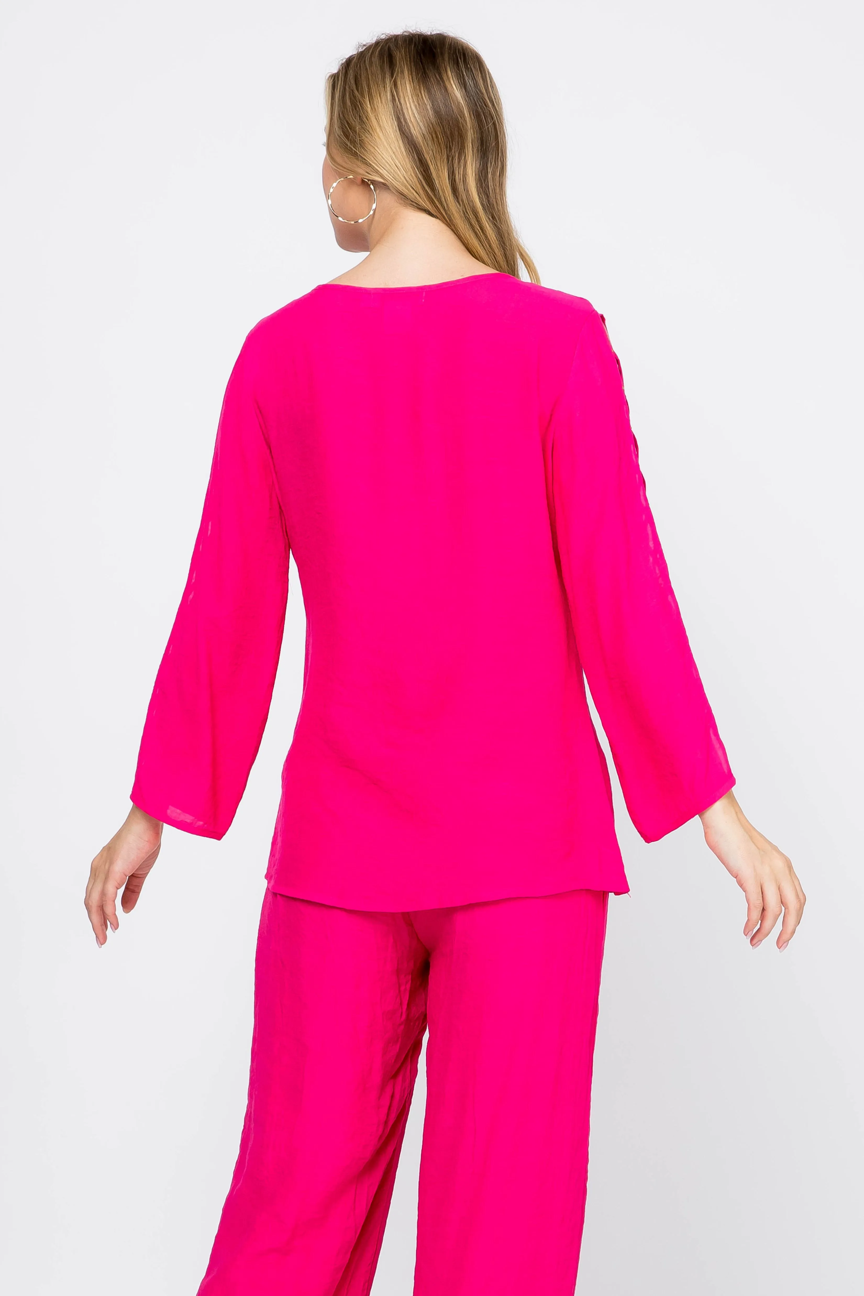 Women's Casual Scoop Neck Caged Trimmed Slit Sleeve Tunic Top