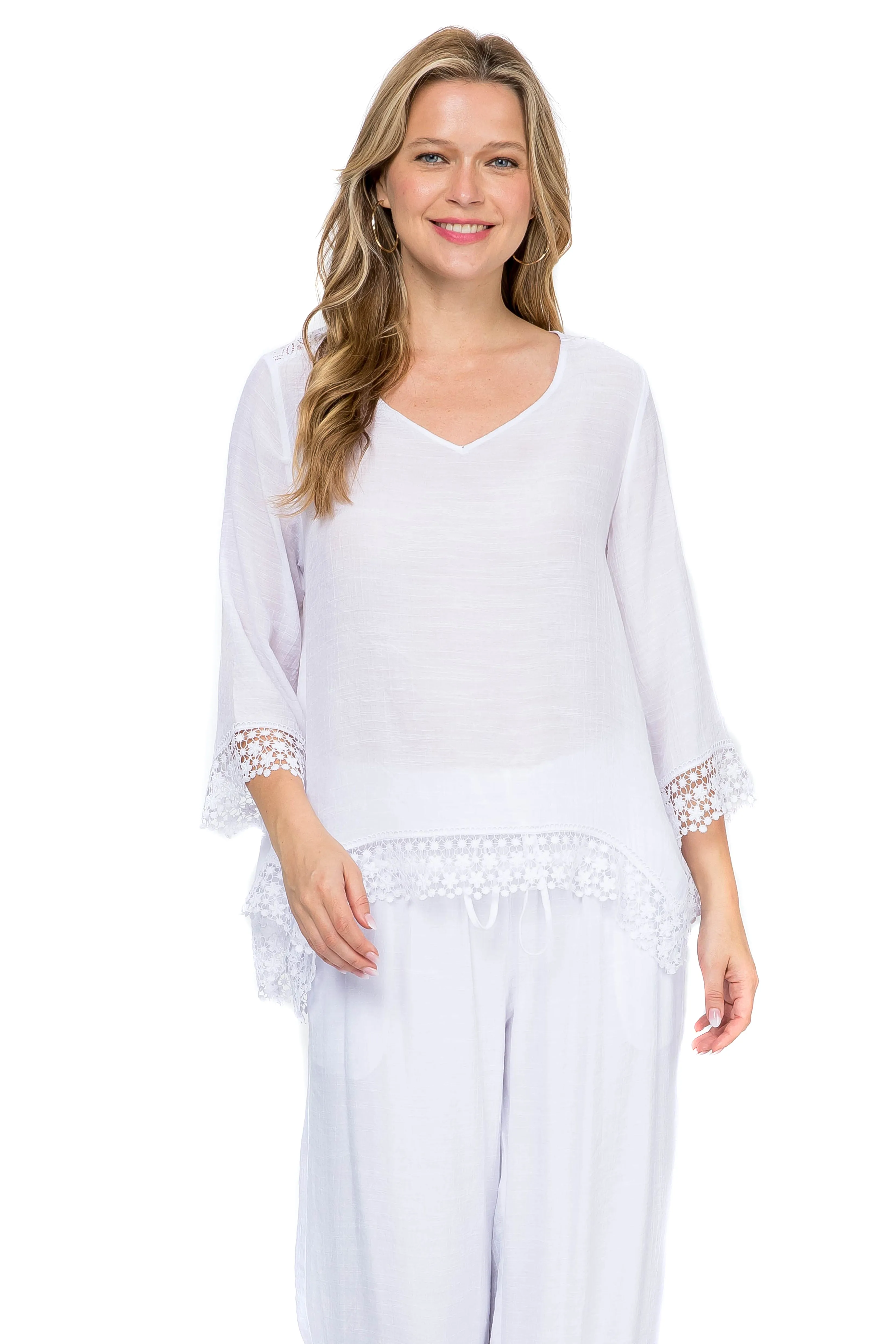 Women's Casual V Neck ¾ Sleeve Crochet Trimmed Shark Bite Hem Tunic Top