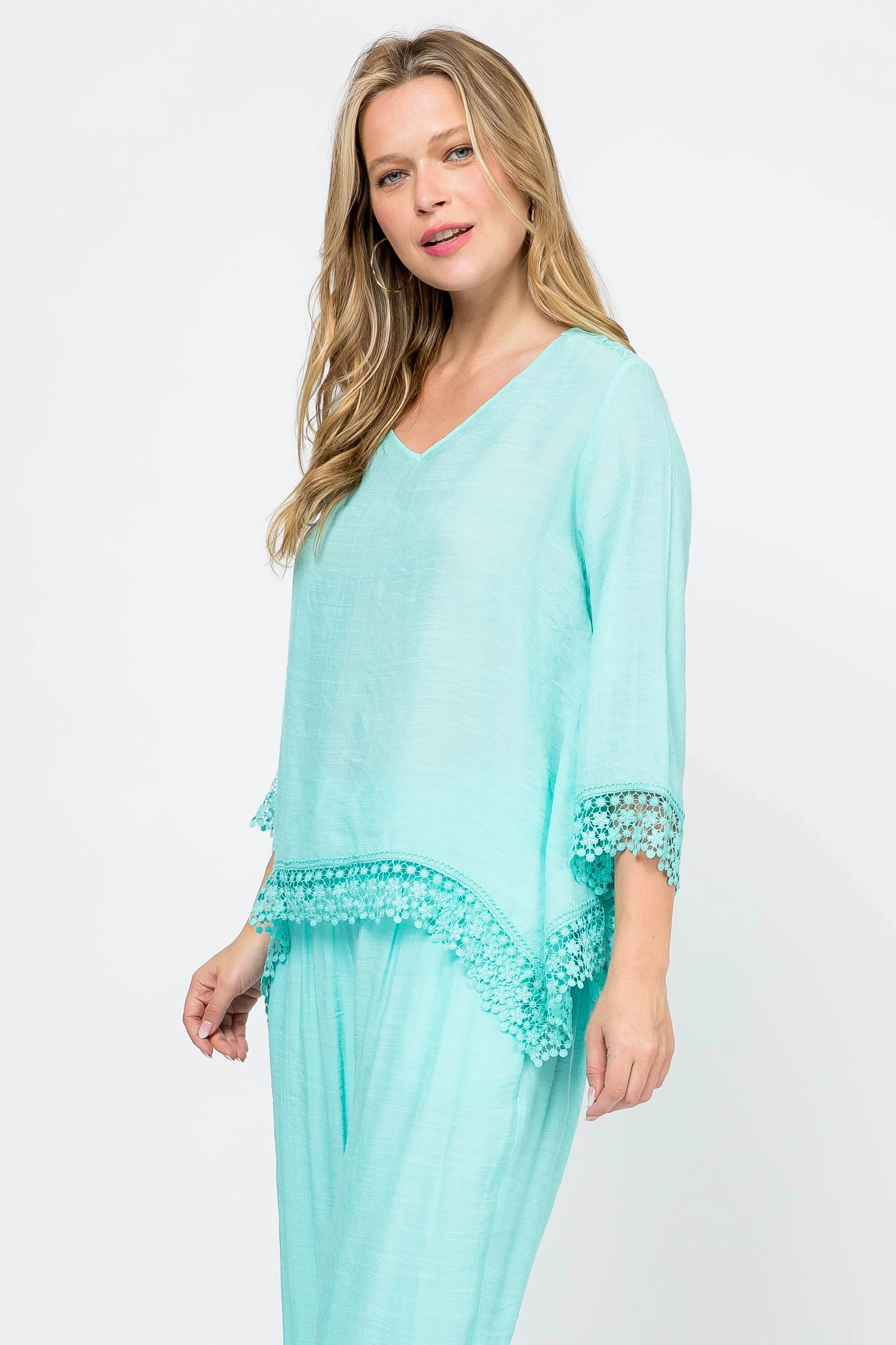 Women's Casual V Neck ¾ Sleeve Crochet Trimmed Shark Bite Hem Tunic Top