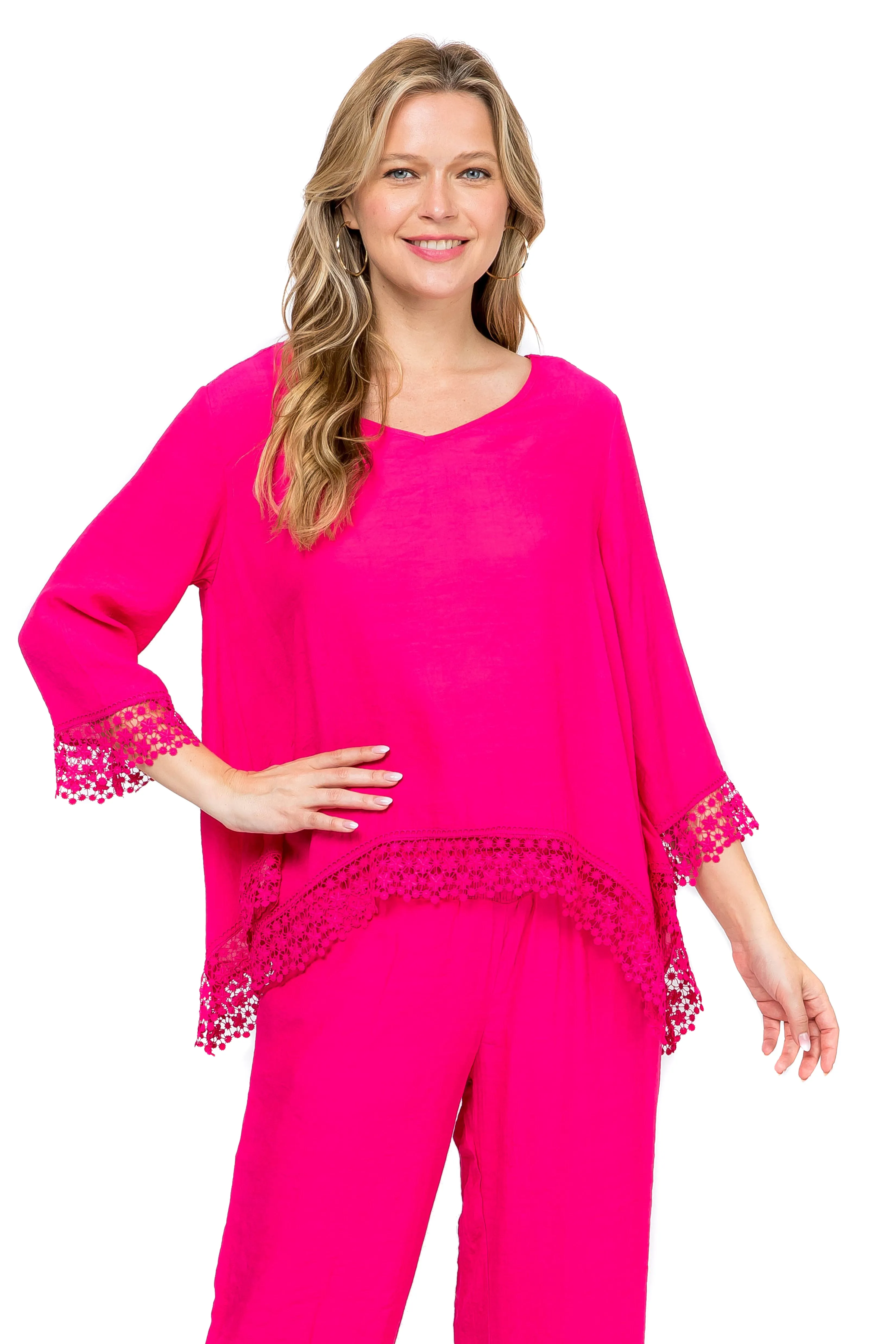 Women's Casual V Neck ¾ Sleeve Crochet Trimmed Shark Bite Hem Tunic Top